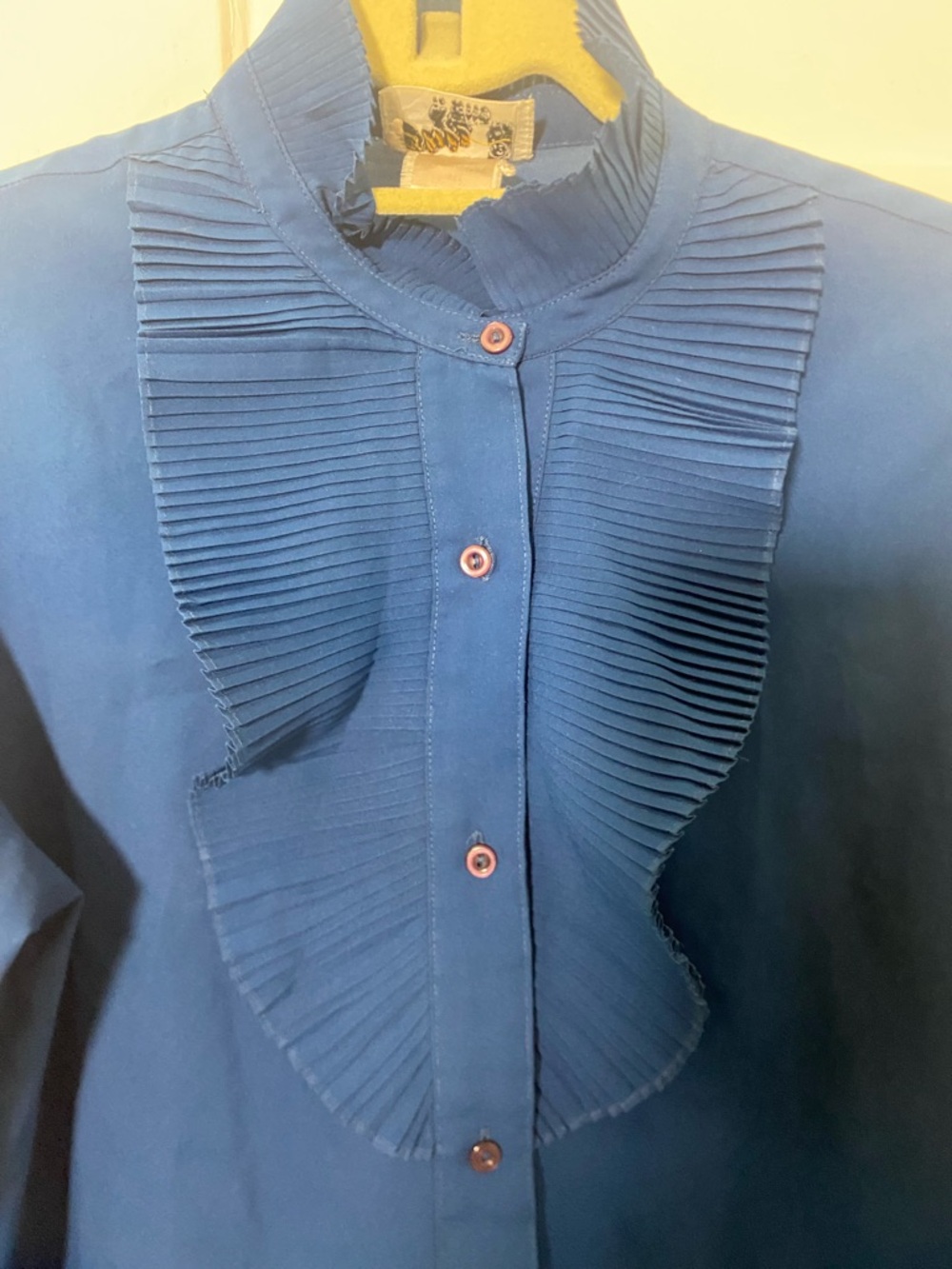 Blue Ruffled Front Women's Blouse - Picture 2 of 3